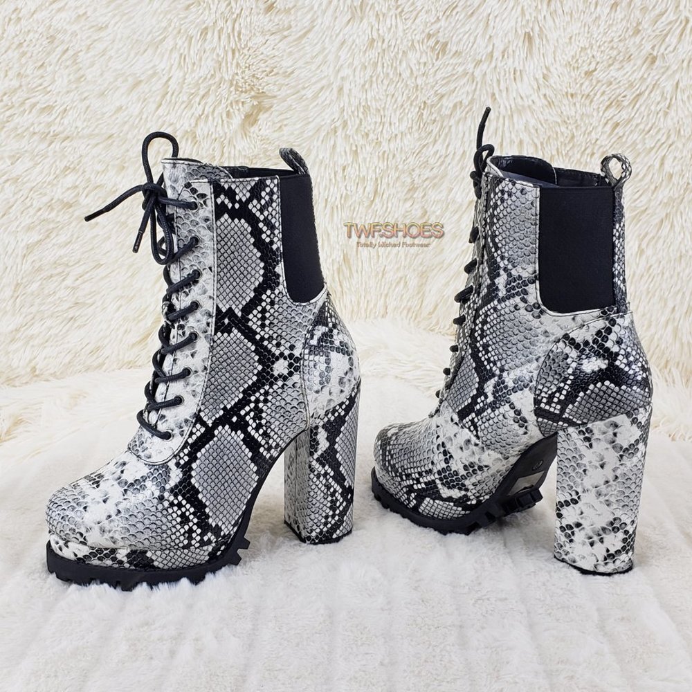 Winnie Snake Lace Up Ankle Boots 4.5" Chunky Block Heels